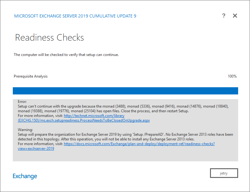 Exchange Server Setup can't continue with the upgrade