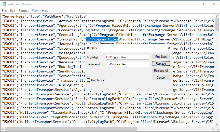 Exchange Server Logging Path View