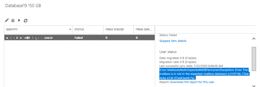 Error The mailbox is in not in the expected mailbox database