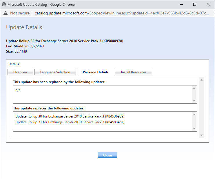 Update Rollup 32 for Exchange Server 2010 Service Pack 3 (KB5000978)